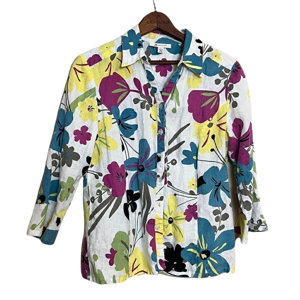 JM Collection 100% Linen Floral Button Down Shirt - Picture 2 of 7